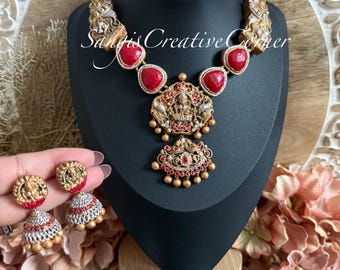 Handcrafted Terracotta Jewelry Set: Lakshmi Temple Necklace, Earrings, Bangle