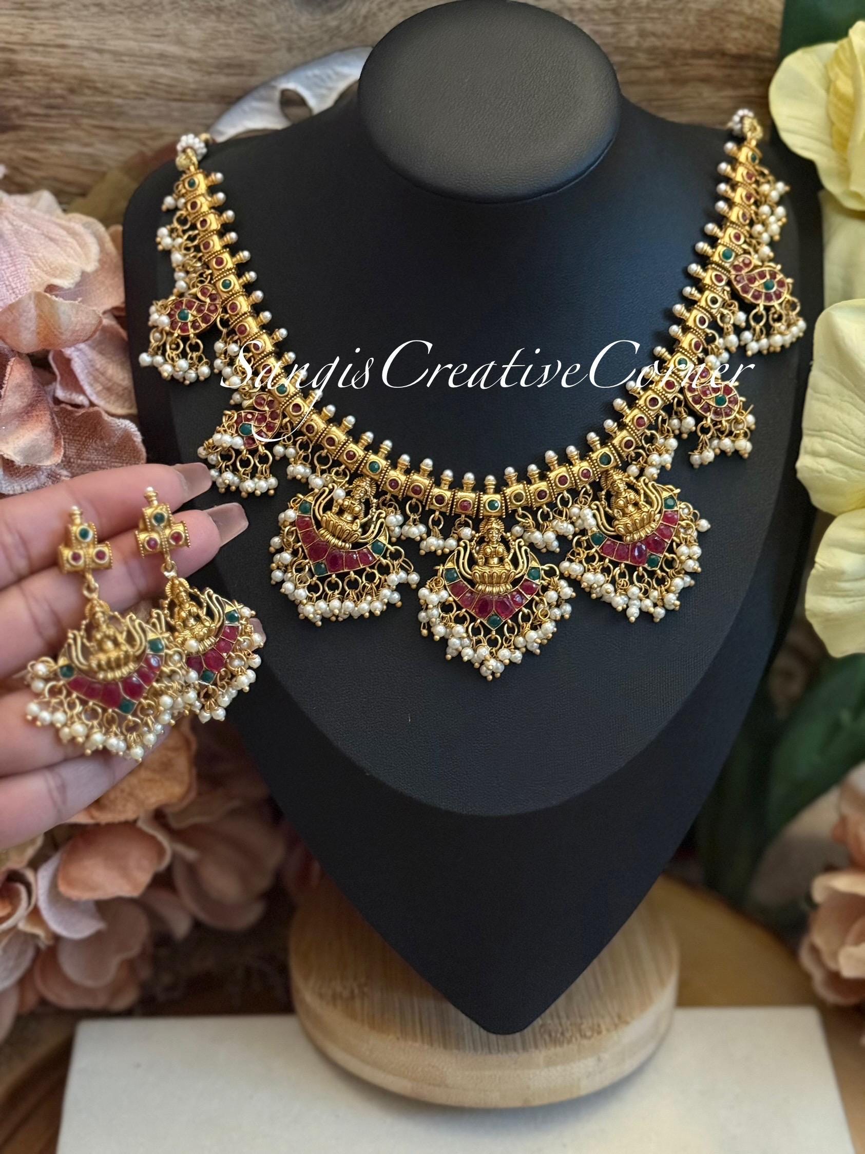 Guttapusalu Gold finish Set| Earrings|Necklace| Stone work|Handcrafted |Gold stone earrings| Gold plated|pearls|handset|Kundan stone|Lakshmi