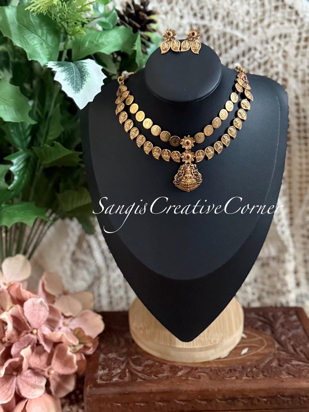 Kasu Coin Lakshmi Necklace Earring Set | Gold Finish Temple Jewelry - Etsy