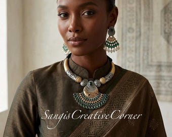 Oxidized Dual Tone Necklace Hasli style and Earring Set: Carved Forest Green Chandbali earrings