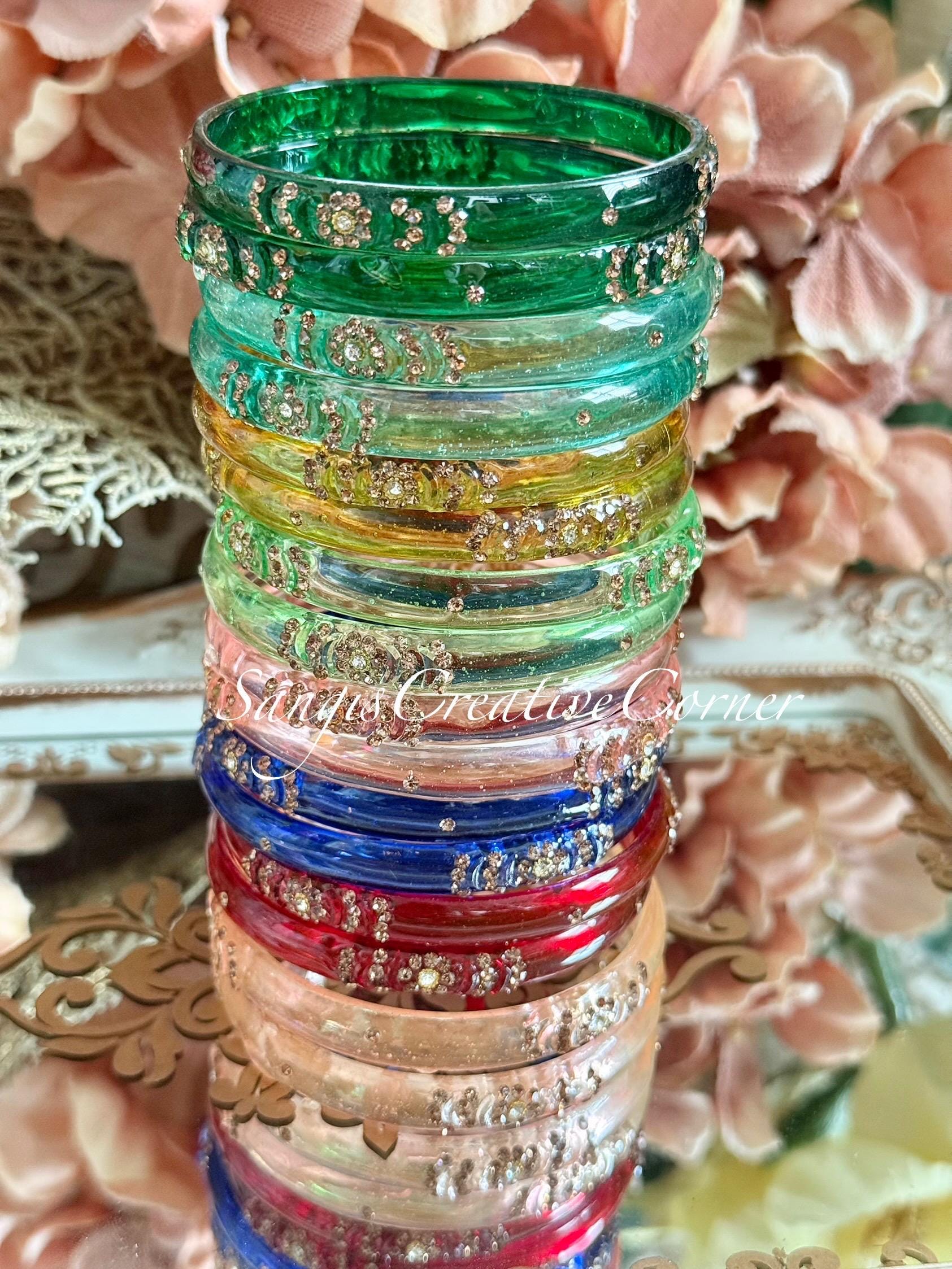 Designer Glass Bangles|2 bangles per set|crystal work|Handcrafted|Glass Bangles|Handset Stonework|handmade|glass jewelry|Size 2.8|Design 8