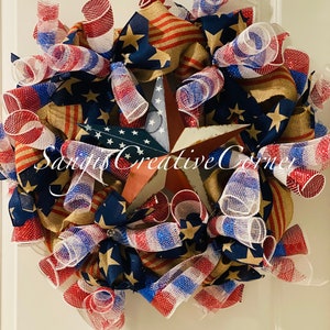 Patriotic Burlap Wreath: Americana Star Decor, 18-20&#39;&#39;