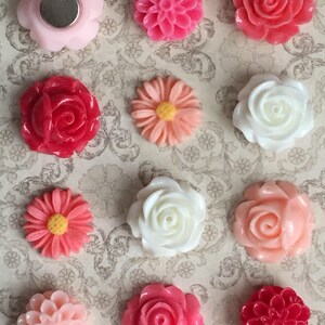 May include: Assortment of 10 pink, red, and white flower-shaped magnets. The magnets are made of resin and have a shiny finish.