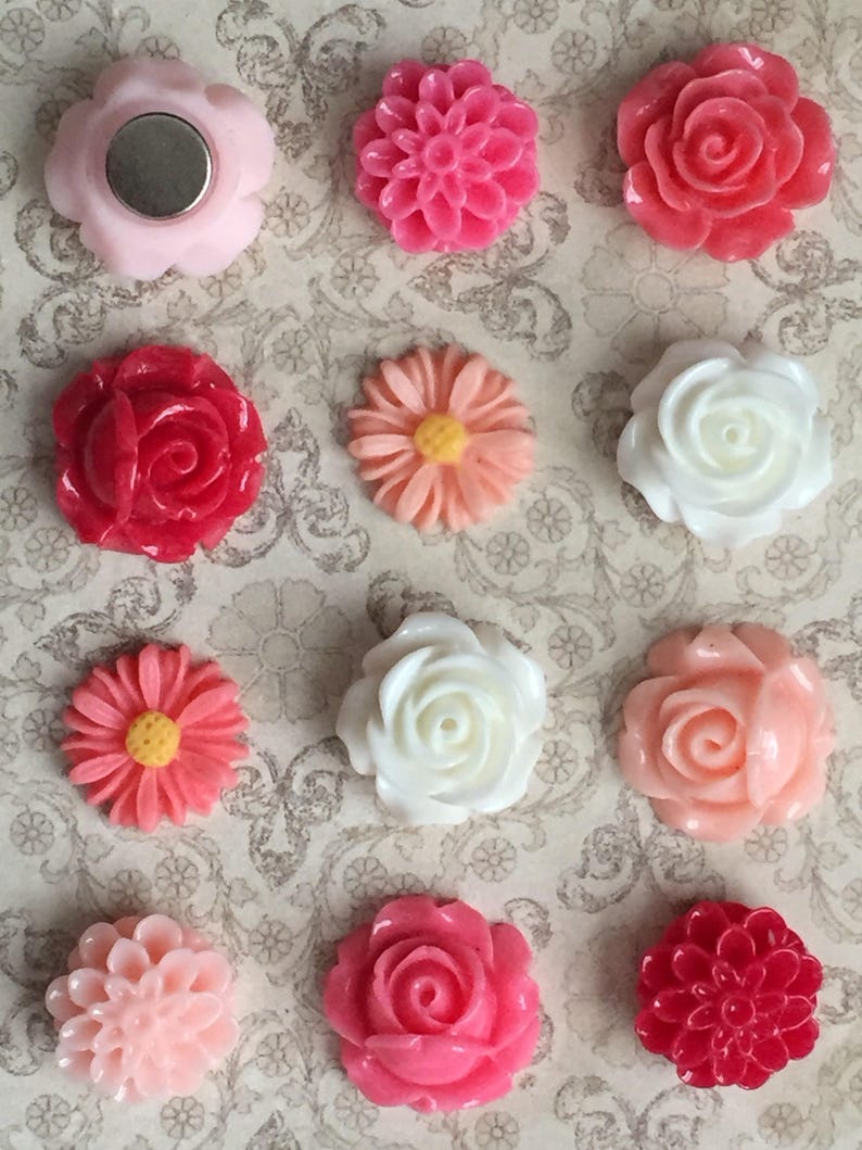 May include: Assortment of 10 pink, red, and white flower-shaped magnets. The magnets are made of resin and have a shiny finish.