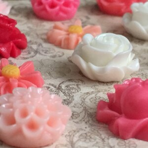 May include: Assortment of pink, white, and red resin flower cabochons. These cabochons are perfect for crafting jewelry, hair accessories, or other decorative projects.