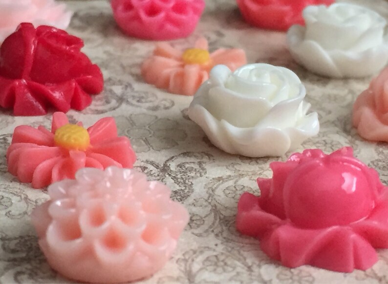 May include: Assortment of pink, white, and red resin flower cabochons. These cabochons are perfect for crafting jewelry, hair accessories, or other decorative projects.