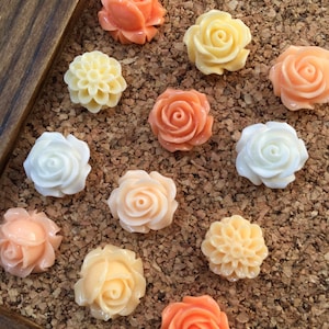 May include: A collection of 11 decorative flower-shaped push pins in various shades of peach, orange, and white. The pins are arranged on a corkboard.