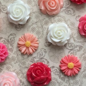 May include: Assortment of colorful flower-shaped resin cabochons in pink, white, and red. These cabochons are perfect for crafting projects like jewelry making, scrapbooking, and resin art.