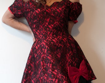 1980s Red and Black Lace Off Shoulder Party Dress by Nu-Mode - Small