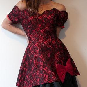 1980s Red and Black Lace Off Shoulder Party Dress by Nu-Mode Small image 1