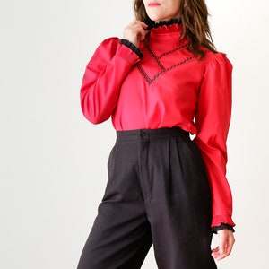 Vintage 1980s Red Long Sleeve Shirt  - Small Long Sleeve Ruffle Collar Blouse