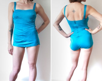 1970s Blue Swimsuit / Vintage One Piece Bathing Suit with Zipper