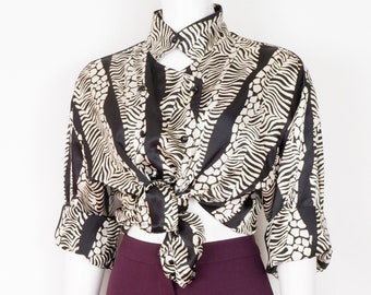 Vintage 1980s White and Black Silky Abstract Print Blouse with Keyhole Collar Large
