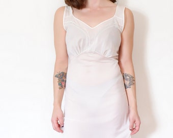 Vintage 1960s White Floor Length Slip - Small Sheer Sleeveless Nylon Nightgown by Luxie