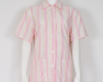 Vintage Pink Striped Pajama Pant and Top Set / 1970s Button Up T-Shirt and Crop Pants