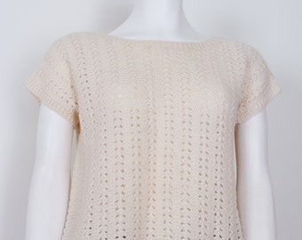 1970s Knit T Shirt - Medium Vintage White Short Sleeve Sweater