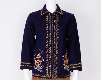 1970s Navy Blue Wool Jacket / Vintage Embroidered Floral Cardigan