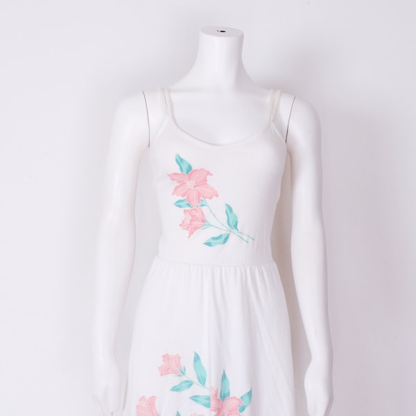 1980s White Floral Sun Dress / Vintage Spaghetti Strap Midi Dress
