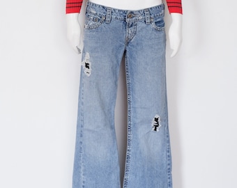 Vintage Y2K Jeans - Small 1990s Silver Wide Low Rise Leg Flare Denim Pants