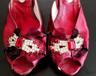 1970s Red Leather Rhinestone Heels