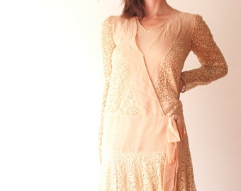1920s Silk Dress - Small Antique Vintage Lace Drop Waist Dress with Lace Sleeves