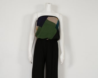 Vintage Black  Jumpsuit with Belt - Small Medium Strapless Wide Leg Pant Romper