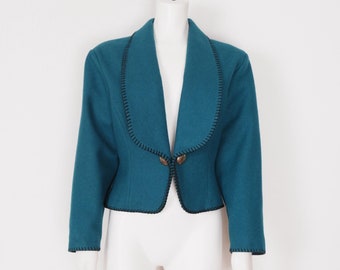 1990s Green Western Jacket - Medium Vintage Wool Cropped Jacket with Silver Buttons by Midwest Garment Co