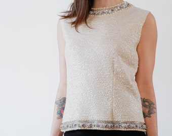 1960 White Bead and Sequin Tank Top by Aristo Small Medium