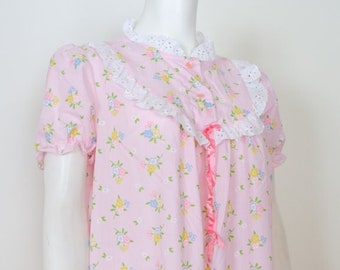 1980s Pink Nightgown by Sears - Medium Vintage Floral Short Sleeve Cotton Blend Night Dress with Lace Trim