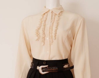 Vintage White Silky Shirt with Button Up Ruffle Collar by Fred David Large