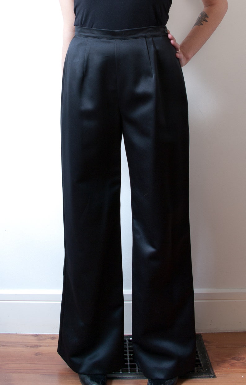 Vintage Black Satin pants / 1990s Wide Leg Trousers image 3