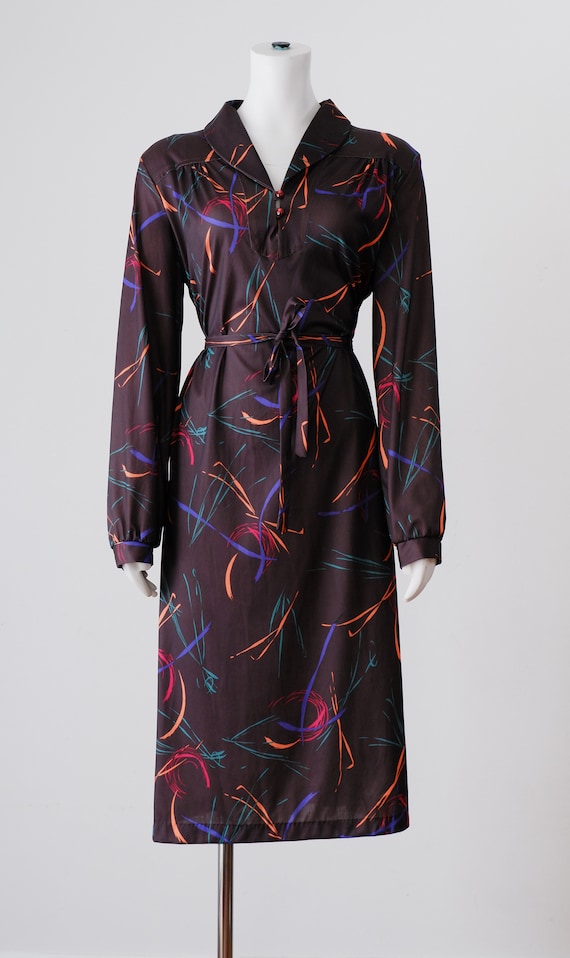 1970's Brown Swirl Midi Dress / Vintage Long Sleev