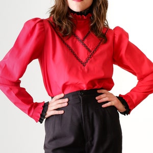 Vintage 1980s Red Long Sleeve Shirt  - Small Long Sleeve Ruffle Collar Blouse