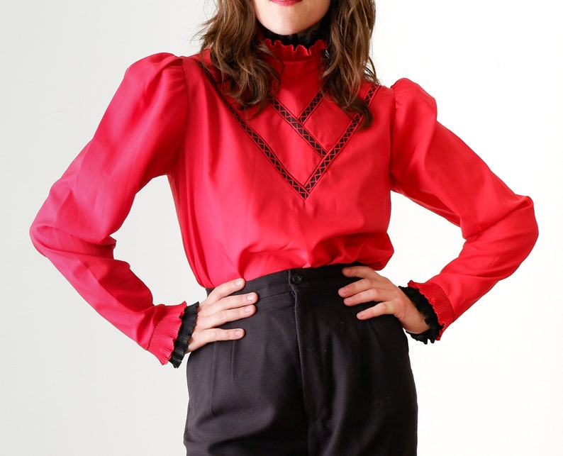 Vintage 1980s Red Long Sleeve Shirt  - Small Long Sleeve Ruffle Collar Blouse