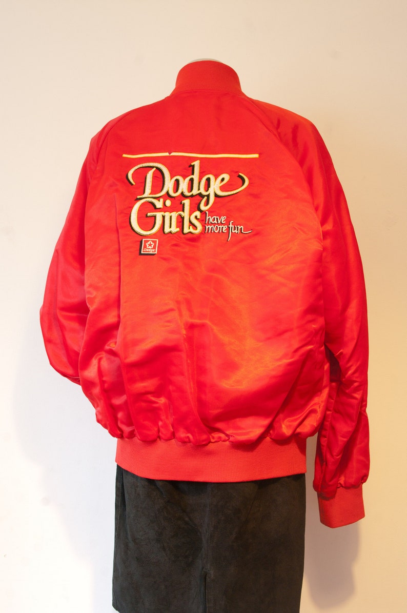 1980/'s Dodge Jacket Dodge Girls Have More Fun Red Satin Bomber Size Large