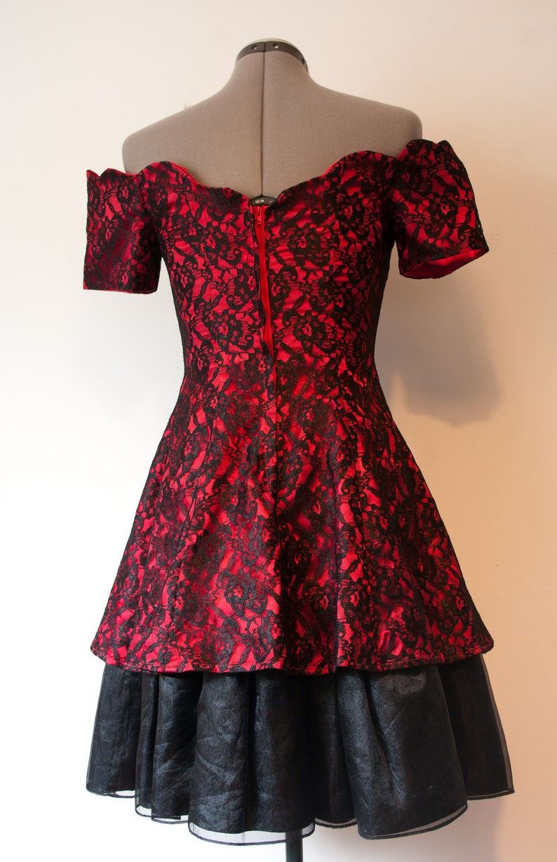 1980s Red and Black Lace Off Shoulder Party Dress by Nu-Mode Small image 7