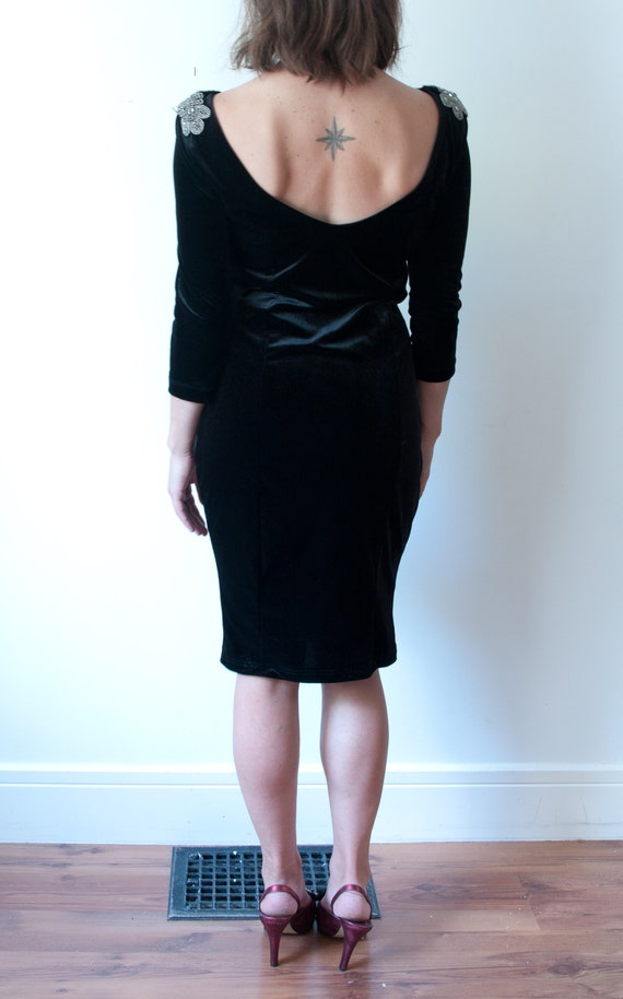 1990s Black Velvet Cocktail Dress / Vintage Open … - image 6