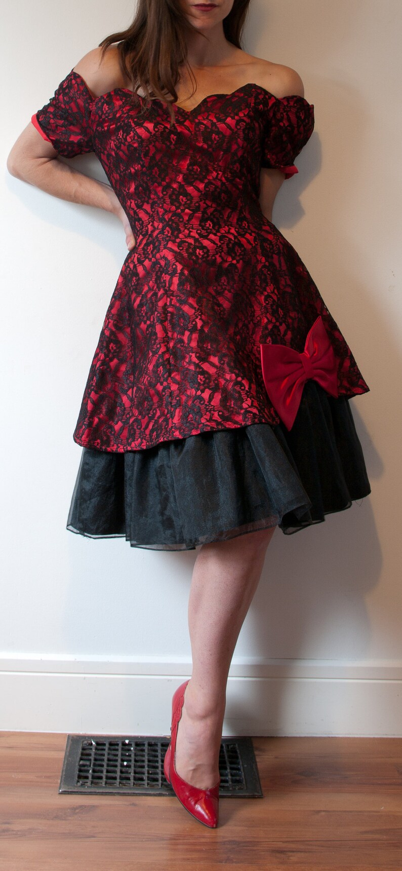 1980s Red and Black Lace Off Shoulder Party Dress by Nu-Mode Small image 1