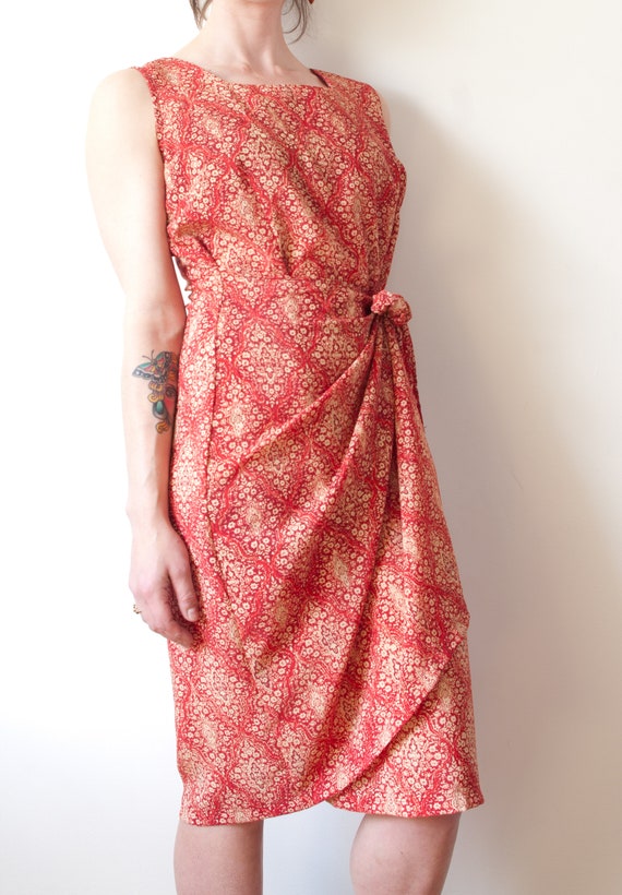 1990s Red and Gold Floral Wrap Dress  - image 8