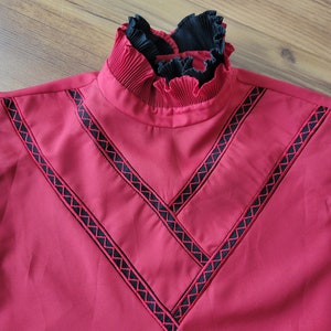 Vintage 1980s Red Long Sleeve Shirt  - Small Long Sleeve Ruffle Collar Blouse