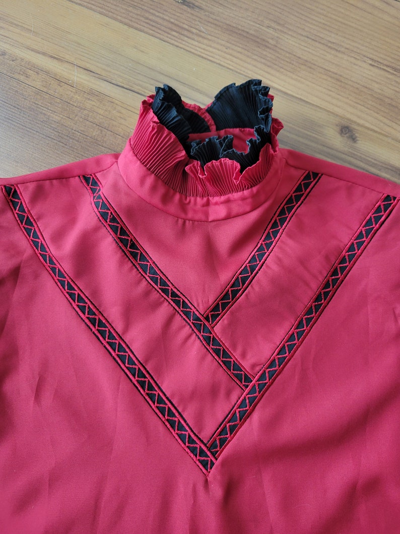 Vintage 1980s Red Long Sleeve Shirt  - Small Long Sleeve Ruffle Collar Blouse
