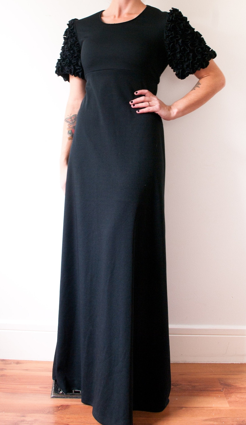 1960s Black Ruffle Sleeve Maxi Dress image 1