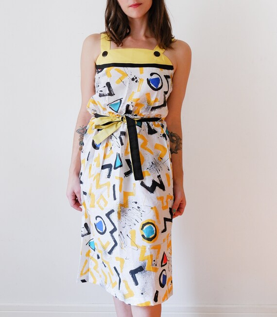 1970's White and Yellow Dress / Vintage Funky Prin