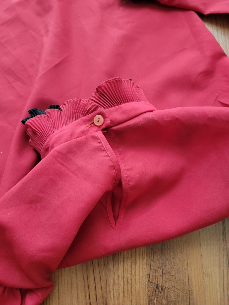 Vintage 1980s Red Long Sleeve Shirt  - Small Long Sleeve Ruffle Collar Blouse