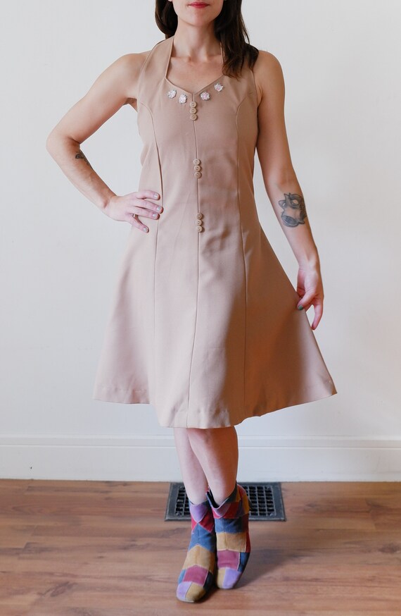 1970's Beige Halter dress / Vintage Open Back Mini
