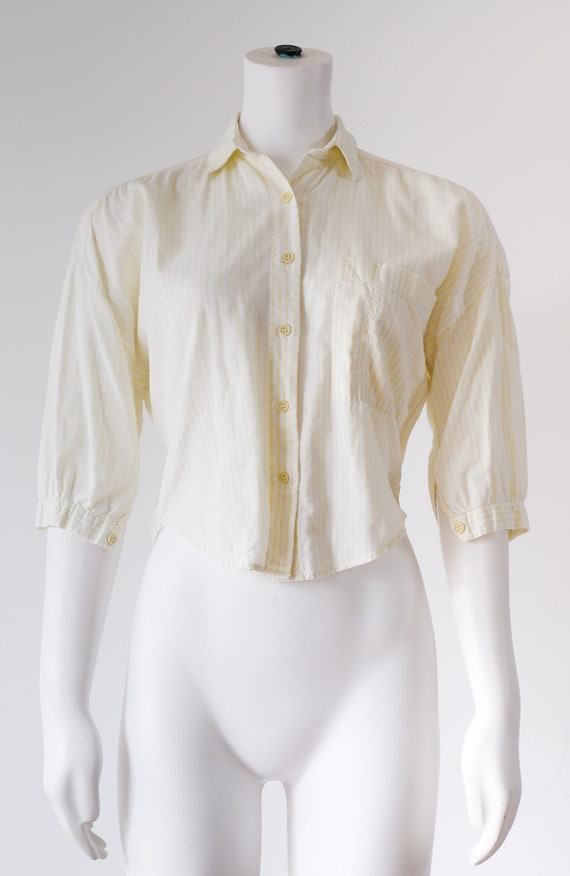 1980's Yellow Blouse / Vintage Striped Cropped Shi