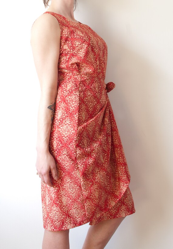 1990s Red and Gold Floral Wrap Dress  - image 7