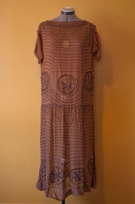 1920's Brown Beaded Flapper Dress / Vintage Short