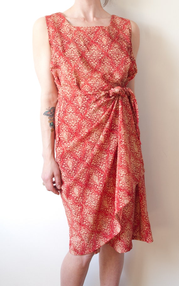 1990s Red and Gold Floral Wrap Dress  - image 3