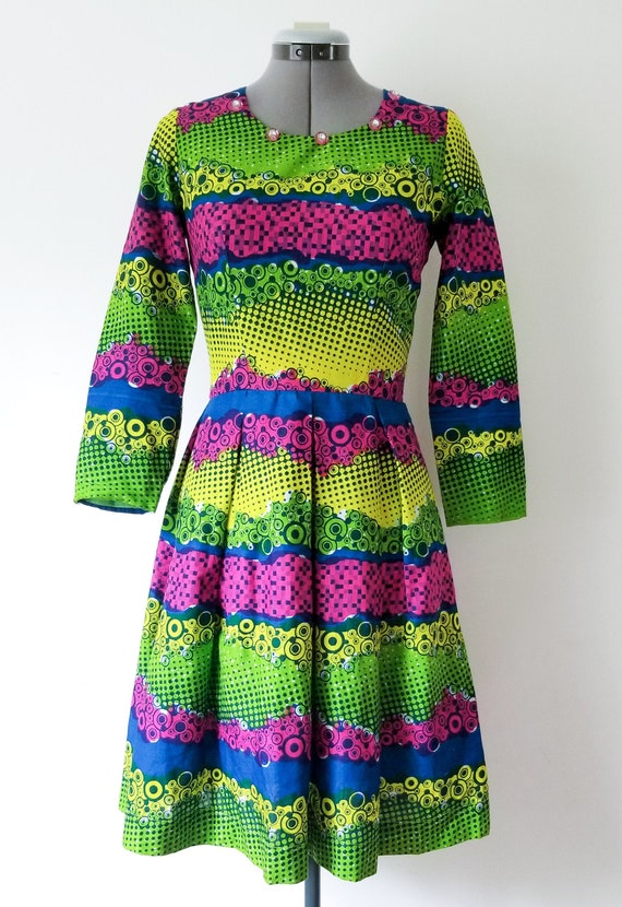 1960's Green and Pink Party Dress / Vintage Long S